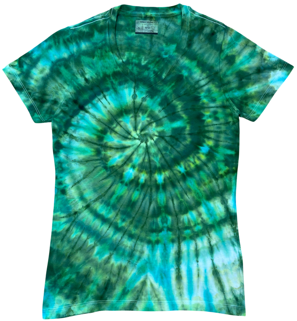 Forest Green Ice Spiral tie dye T-shirt with a bold spiral pattern in deep forest green, turquoise, aqua and pale green tones, individually hand dyed in the UK.