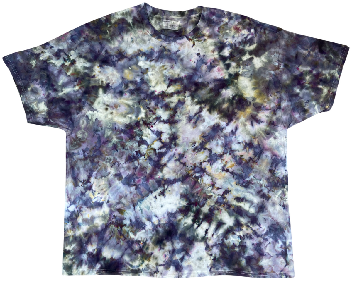 Brushed Steel Ice Scrunch tie-dye T-shirt featuring smoky grey, charcoal, purple and soft white marbled patterns, individually hand dyed in the UK.