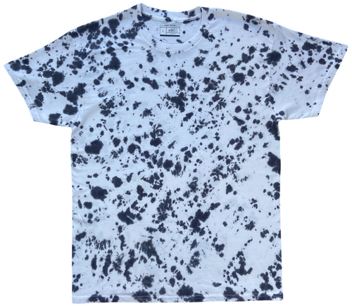Better Black Scrunch tie dye T-shirt in light grey with a black splatter scrunch pattern, shown flat from the front on a white background.