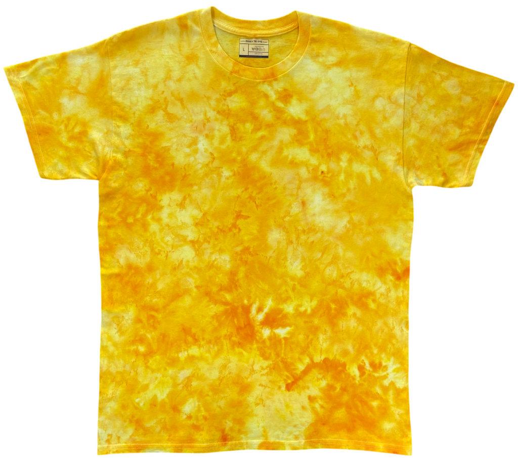Clear Yellow Ice Scrunch tie-dye T-shirt featuring clear yellow, golden yellow and soft cream marbled patterns, individually hand dyed in the UK.