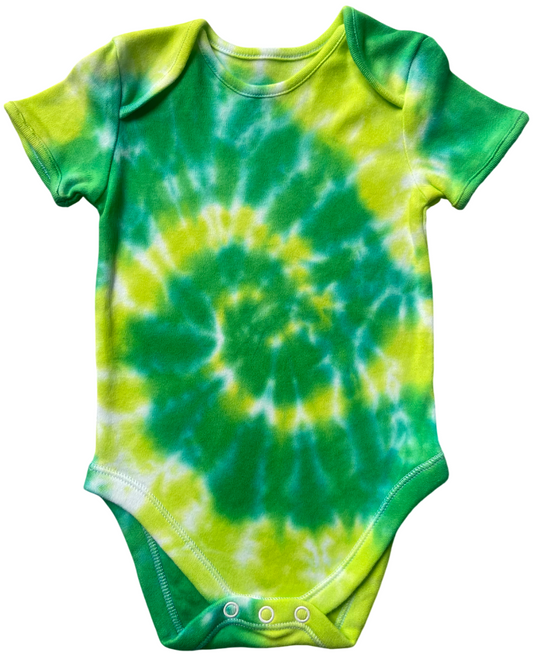 Green and Lime Spiral Baby Tie Dye Vest, 0-3, 3-6, 6-9, 9-12, 12-18, 18-24 months, Unisex, 100% Cotton, Handmade to order, dyed in the UK