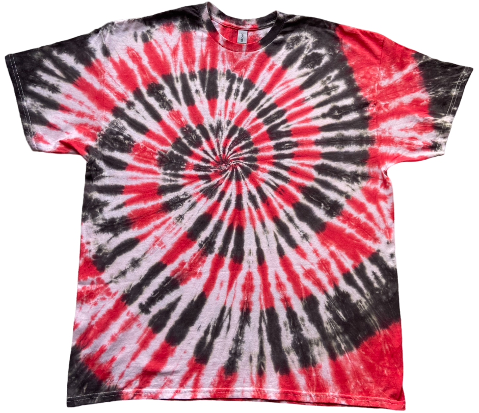 Red and Black Spiral Tie Dye T-Shirt hand dyed by Essex Tie Dye