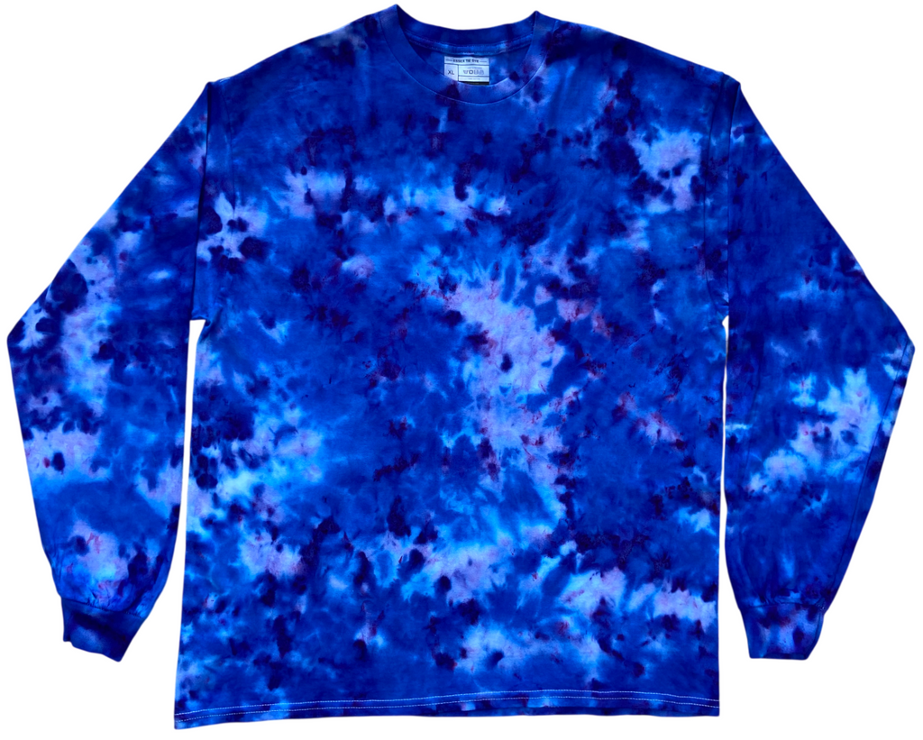 Brilliant Blue Ice Scrunch tie-dye long sleeve T-shirt featuring vivid royal blue tones with icy pale blue and soft lavender highlights.