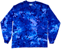 Brilliant Blue Ice Scrunch tie-dye long sleeve T-shirt featuring vivid royal blue tones with icy pale blue and soft lavender highlights.