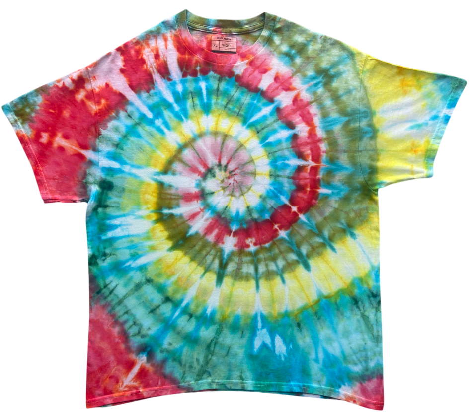 Tie-dye t-shirt with a multicolor spiral pattern on a white background