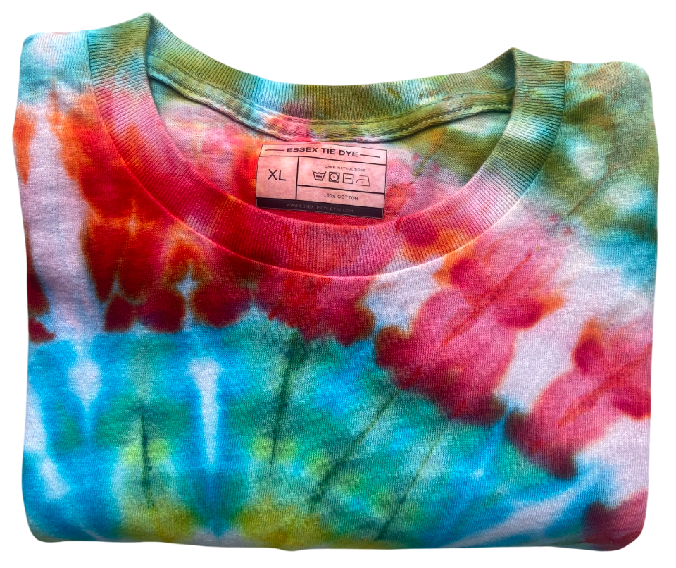 Colorful tie-dye shirt with a brand label on a white background
