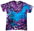 Tie-dye t-shirt with purple and blue patterns on a white background