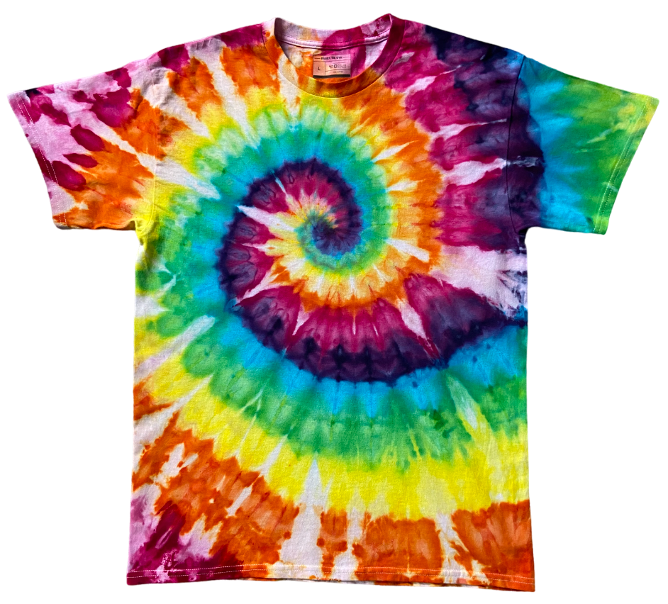 Colorful tie-dye t-shirt with a spiral pattern on a white background