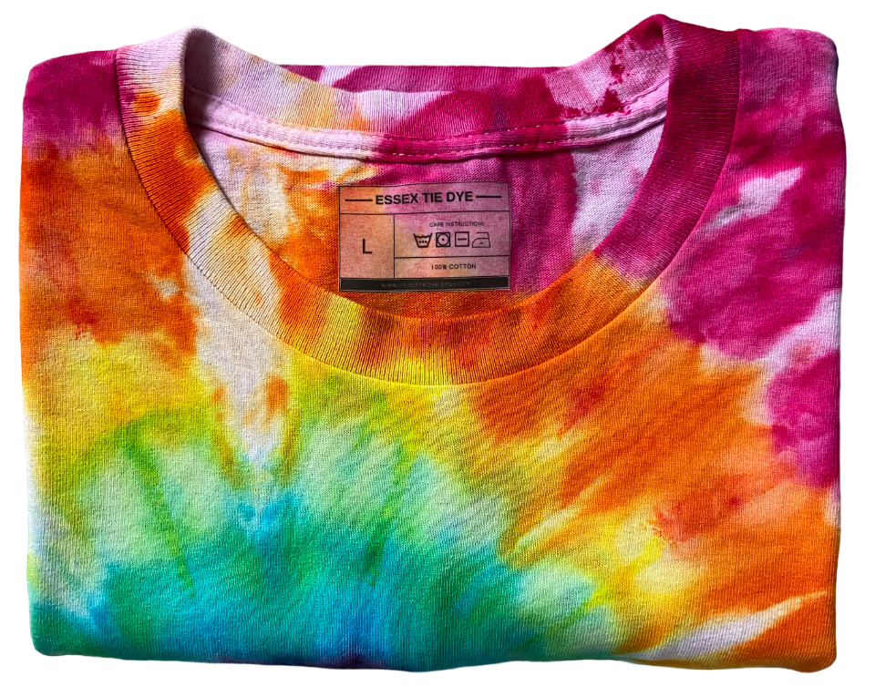 Colorful tie-dye shirt with a visible brand label on a white background