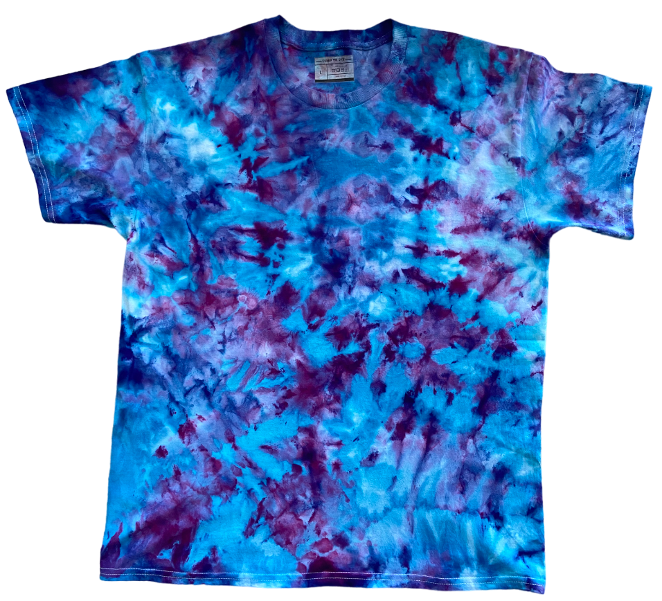 Tie-dye t-shirt with blue and purple pattern on a white background