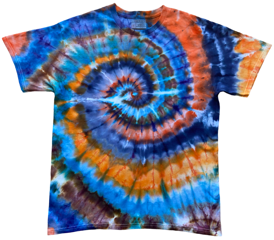 Tie-dye t-shirt with a spiral pattern in blue, orange, and purple on a white background