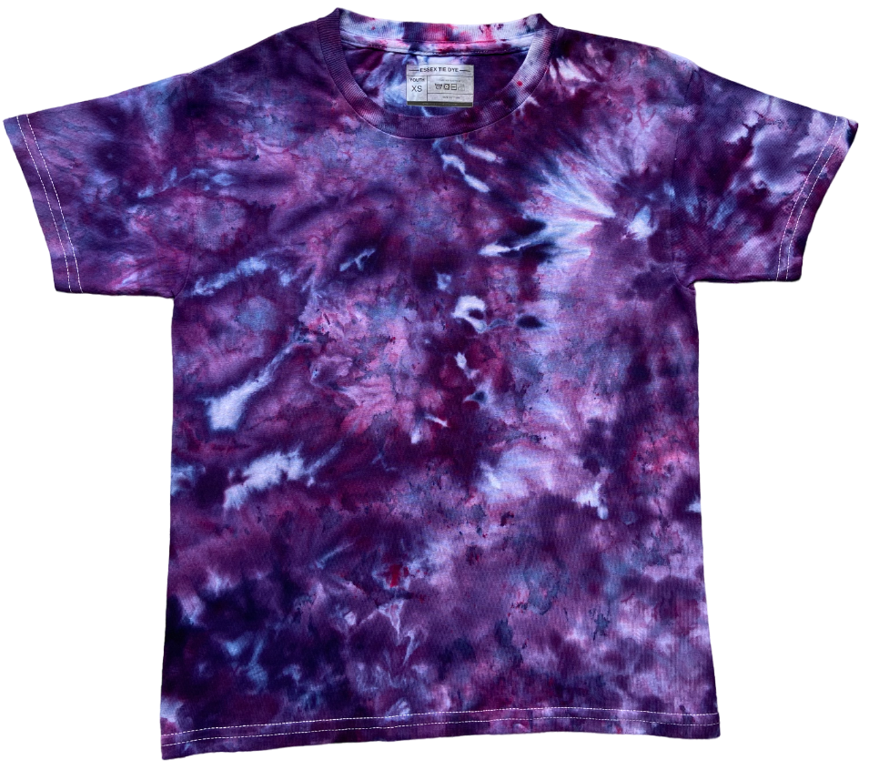 A short-sleeve crewneck t-shirt featuring a purple and blue tie-dye spiral pattern, laid flat against a white background.