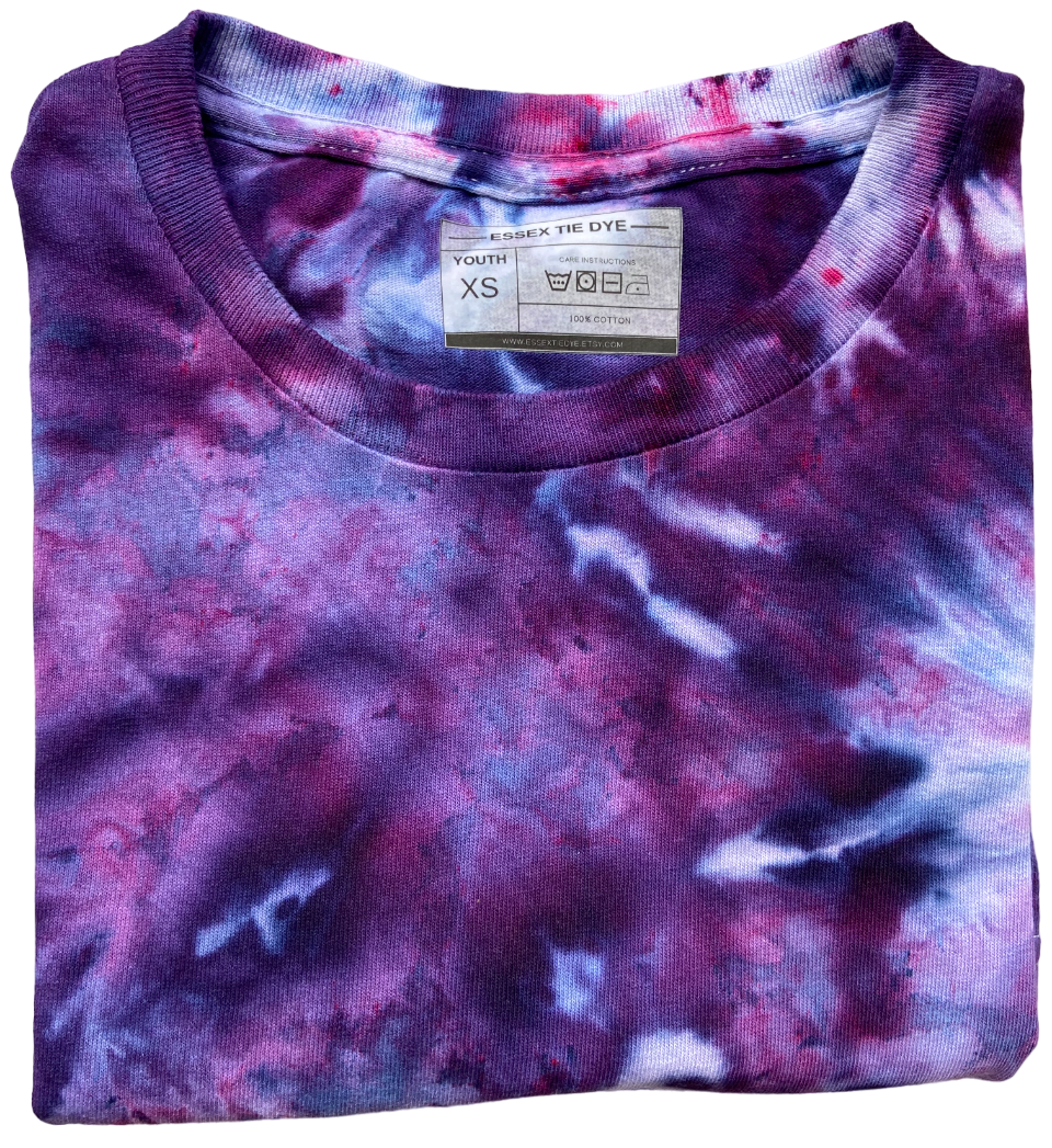 Tie-dye shirt with a label on a white background