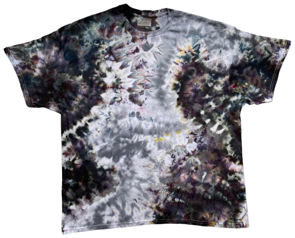 Tie-dye t-shirt with a multicolor pattern on a white background