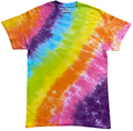 A short-sleeve crewneck tie-dye t-shirt featuring diagonal bands of purple, blue, yellow, orange, and pink on a white background.