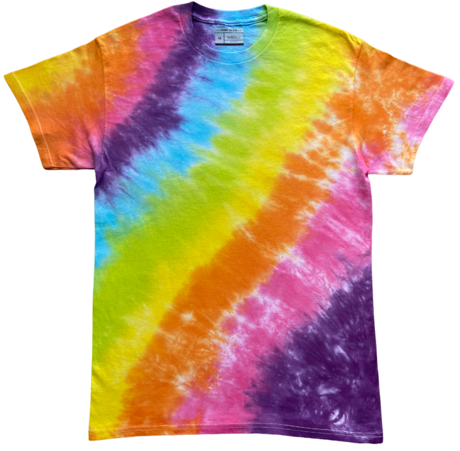 A short-sleeve crewneck tie-dye t-shirt featuring diagonal bands of purple, blue, yellow, orange, and pink on a white background.