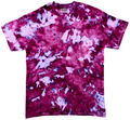 Tie-dye t-shirt with a pink and purple pattern on a white background