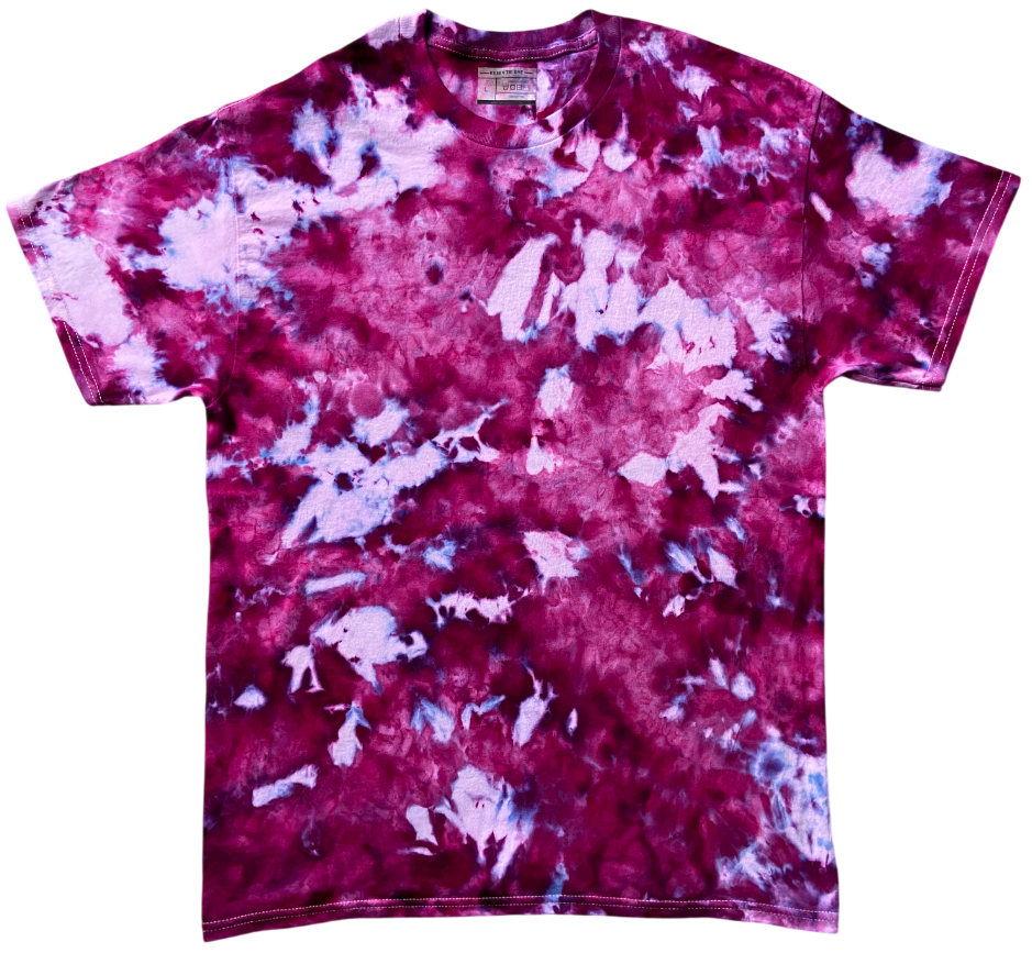 Amethyst Ice Scrunch tie-dye T-shirt featuring rich burgundy, magenta, purple and pale lilac tones with icy white highlights.