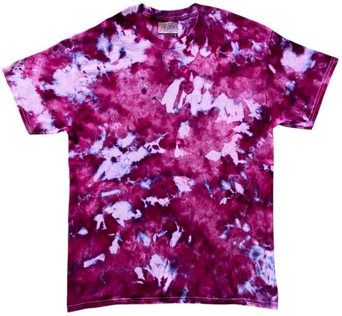 Amethyst Ice Scrunch tie-dye T-shirt featuring rich burgundy, magenta, purple and pale lilac tones with icy white highlights.