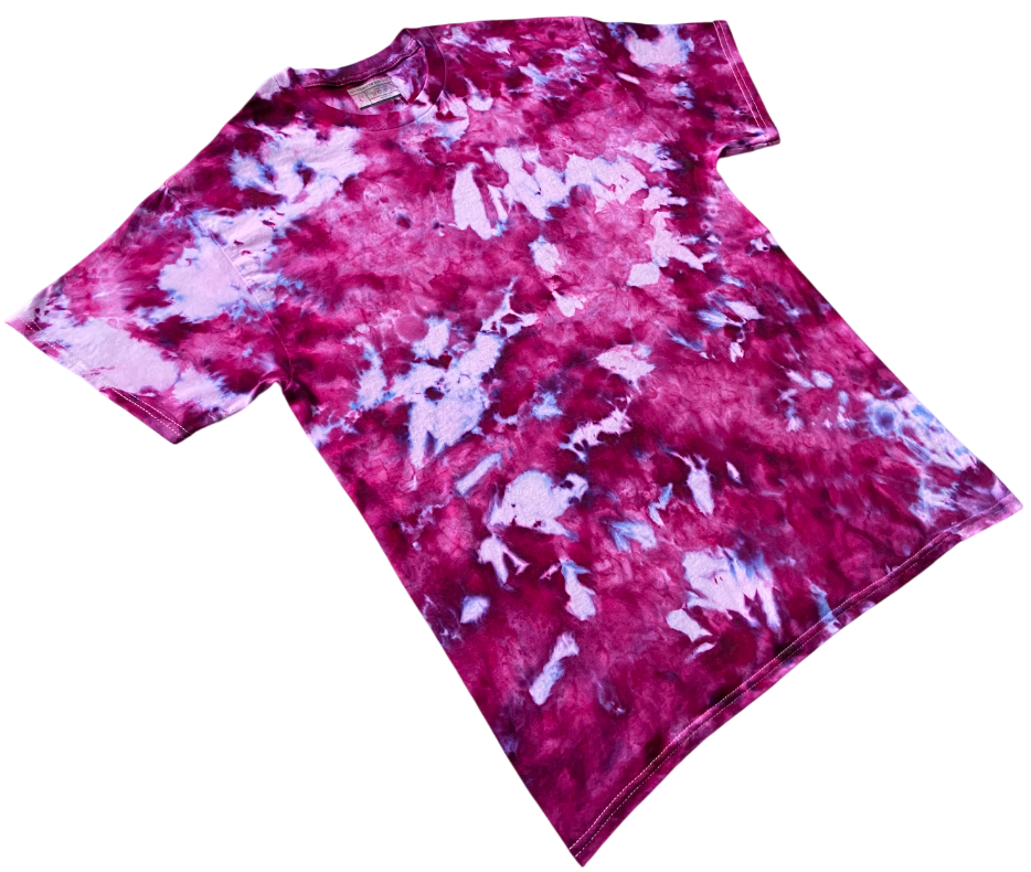 Amethyst Ice Scrunch tie dye T-shirt in deep magenta, purple and white with a hand dyed scrunch pattern on a white background.