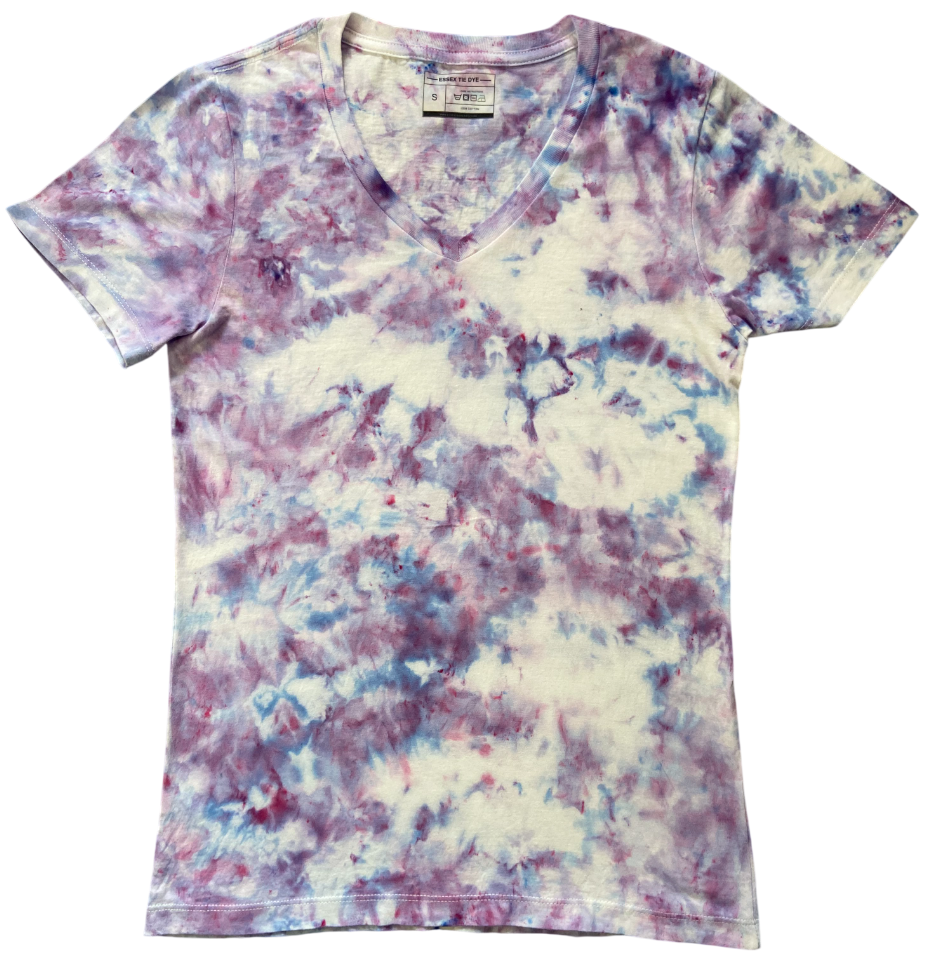 Tie-dye t-shirt with a colorful pattern on a white background