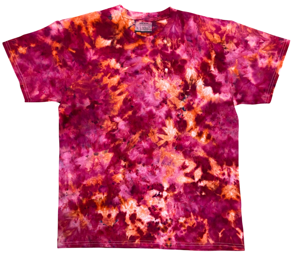 Pomegranate Ice tie-dye T-shirt featuring rich magenta, deep pink, plum and berry tones with warm peach and orange highlights, hand dyed in the UK.