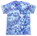 A short-sleeve crewneck t-shirt featuring a blue, purple, and white tie-dye pattern, laid flat against a white background.
