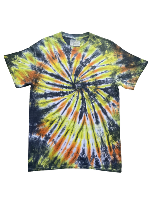 Orange, Lime, Yellow and Black Spiral Tie Dye T-Shirt, Adult, Youth, Unisex, XS, S, M, L, XL, 2XL, 3XL, 4XL, 5XL, Dyed in the UK, Gift