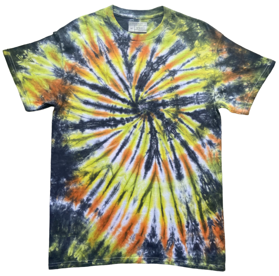 Sunset Vortex tie dye T-shirt in black, yellow, orange and white with a hand dyed spiral pattern.