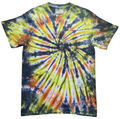 Sunset Vortex tie dye T-shirt in black, yellow, orange and white with a hand dyed spiral pattern.