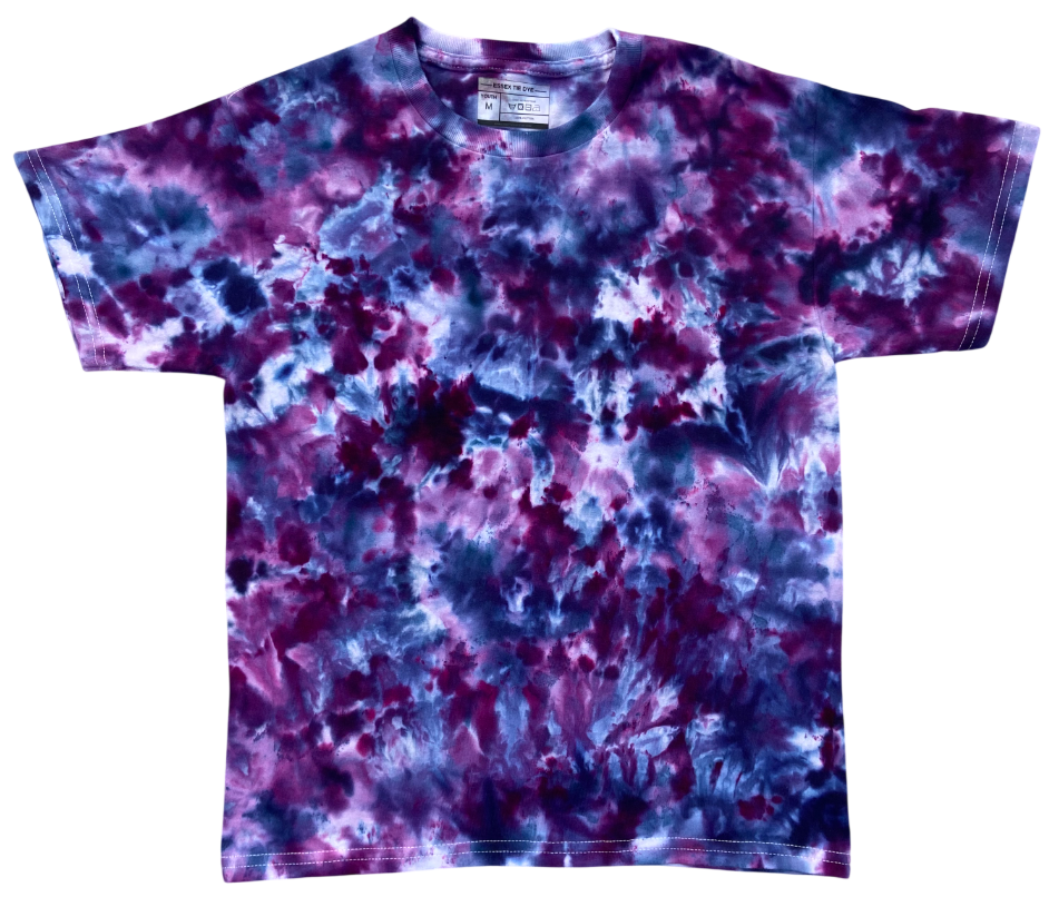 Tie-dye t-shirt with purple and blue pattern on a white background