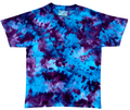 Tie-dye t-shirt with blue and purple pattern on a white background