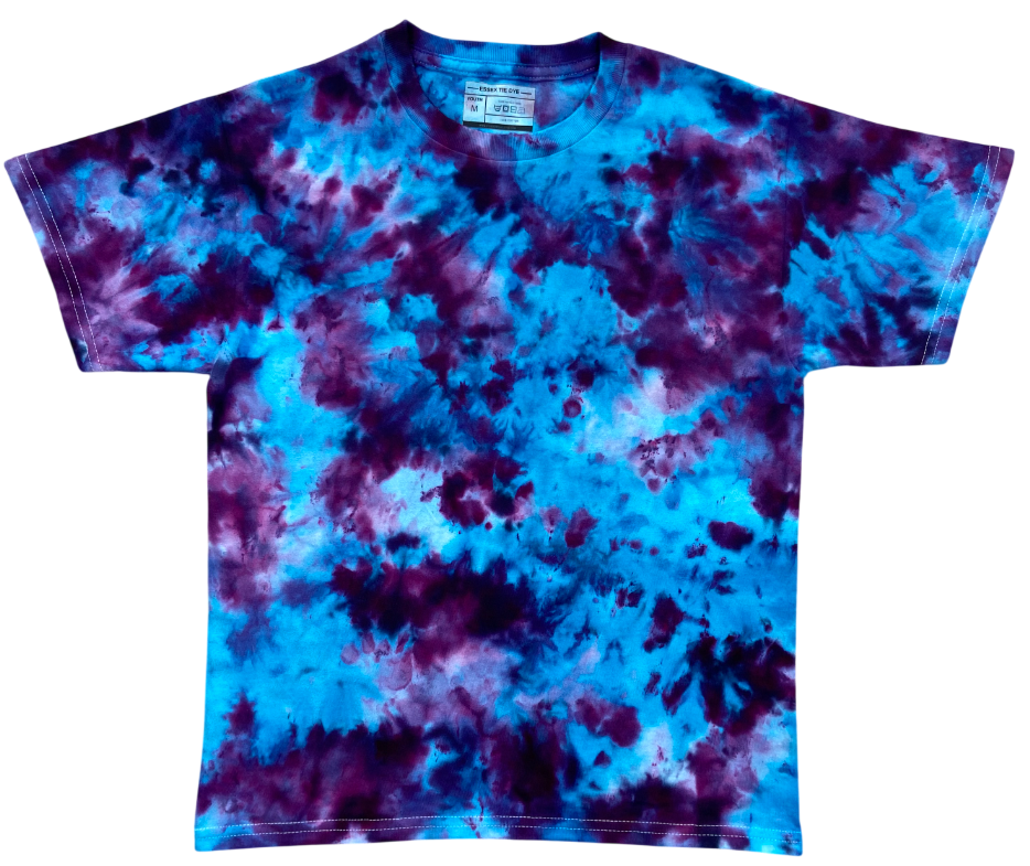 Tie-dye t-shirt with blue and purple pattern on a white background