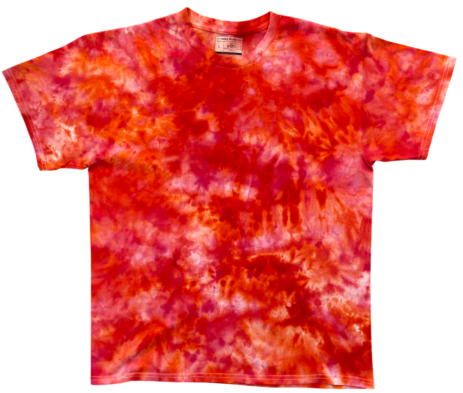 Deep Orange Ice Scrunch tie-dye T-shirt featuring deep orange, red-orange and soft cream marbled patterns, individually hand dyed in the UK.