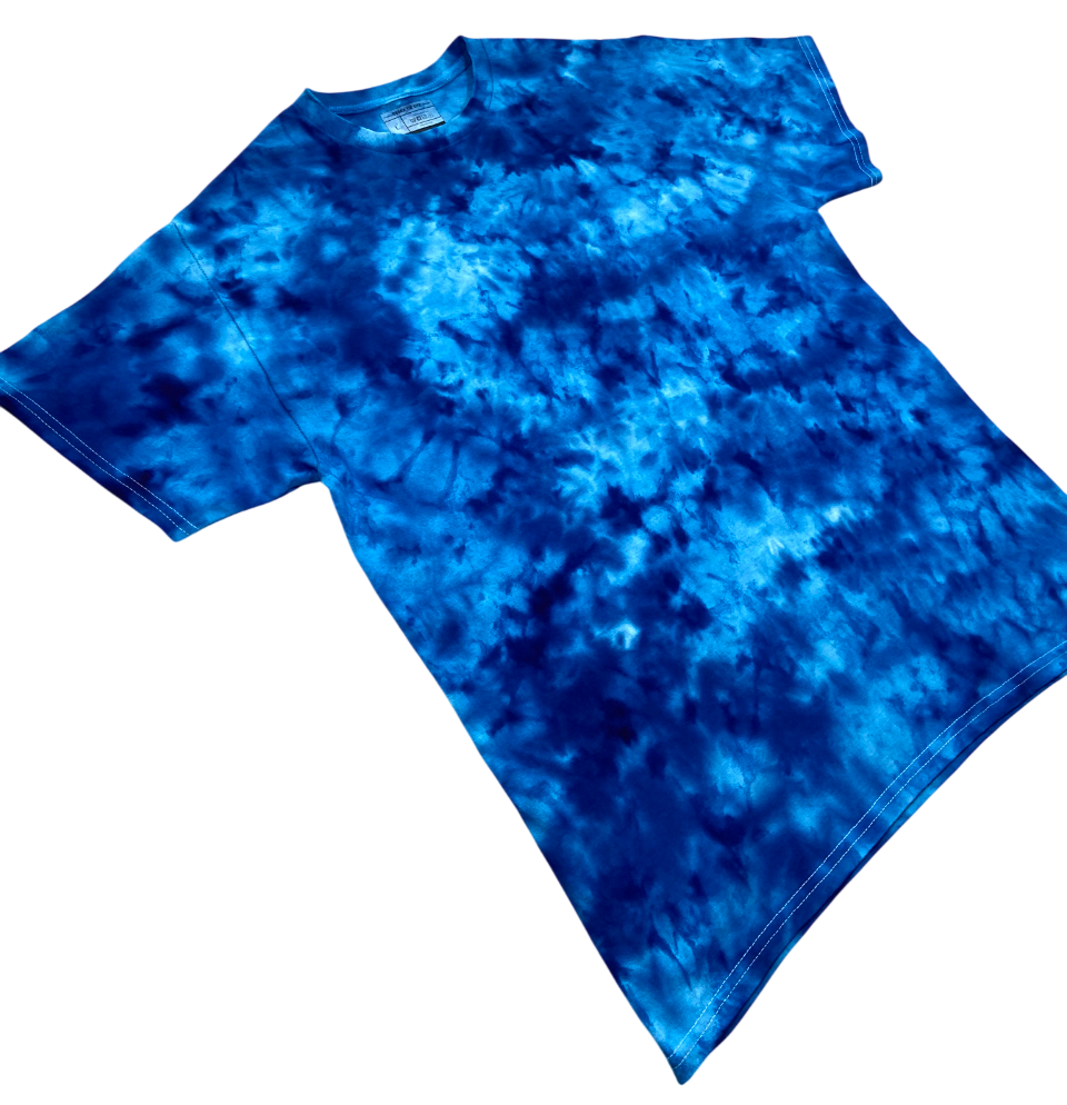 Cerulean Blue ice scrunch tie-dye T-shirt shown at an angle