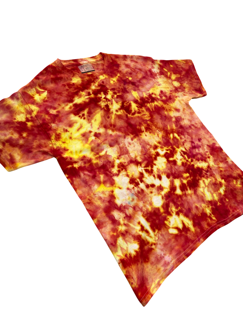 A short-sleeve crewneck t-shirt featuring a vibrant red, orange, and yellow tie-dye pattern, laid flat against a solid white background.