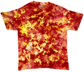 Tie-dye t-shirt with red and yellow pattern on a white background