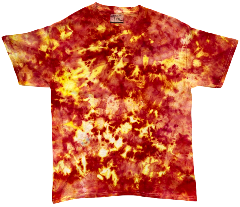 Tie-dye t-shirt with red and yellow pattern on a white background