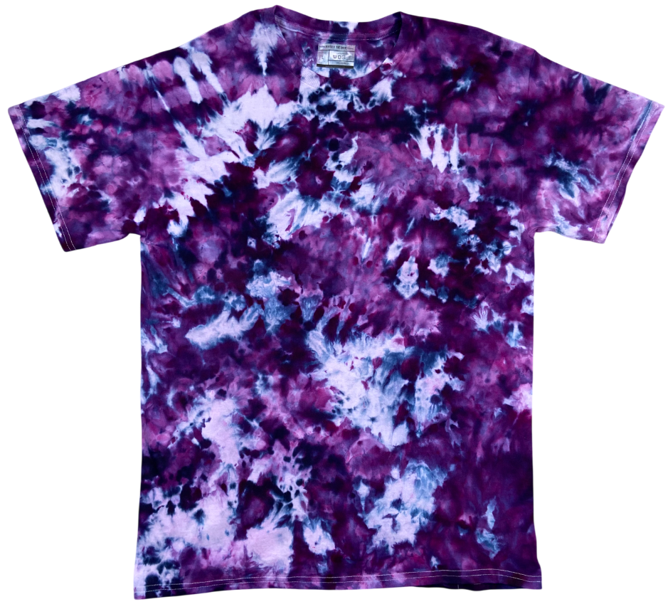 Tie-dye t-shirt with a purple and white pattern on a white background