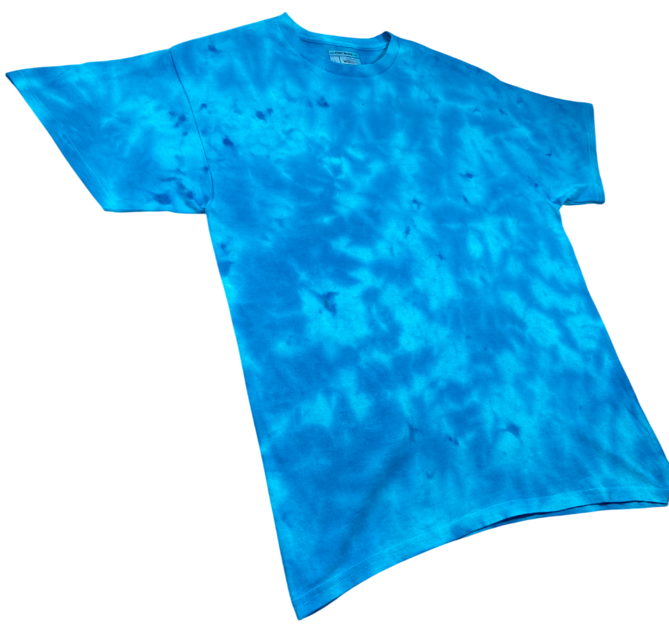 Turquoise Ice Scrunch tie-dye T-shirt shown at an angle, featuring vibrant turquoise blue colouring and unique mottled patterning.