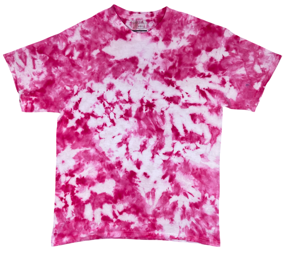 Hot Pink Ice Scrunch tie dye T-shirt in vivid hot pink and white with a bold hand dyed scrunch pattern on a white background.