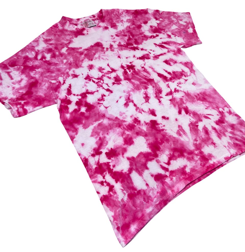 Angled view of the Hot Pink Ice Scrunch tie dye T-shirt in vivid hot pink and white, showing the hand dyed scrunch pattern on a white background.