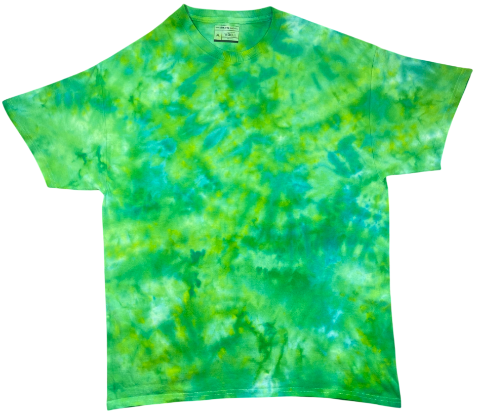 Green and blue tie-dye t-shirt on a white background