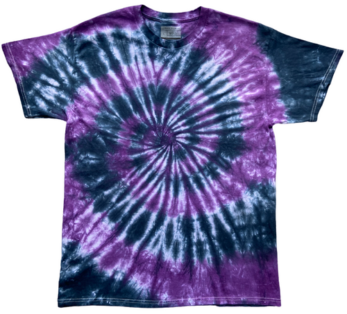 Purple and black spiral tie dye T-shirt with white highlights on a plain background