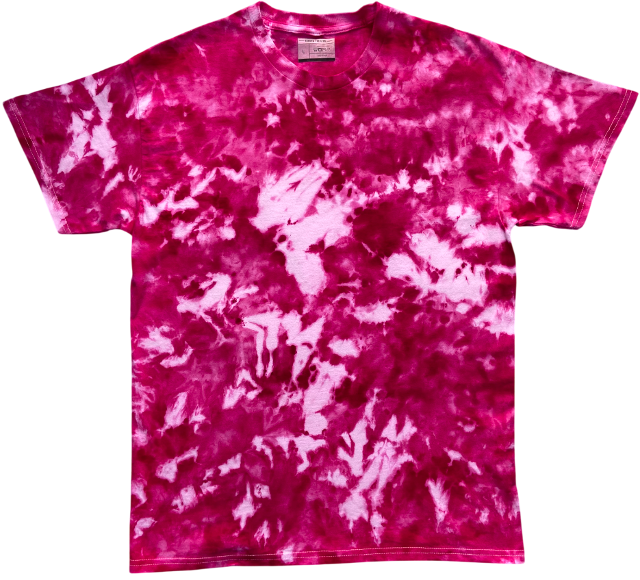 Fuchsia Red Ice Scrunch tie dye T-shirt in vivid fuchsia, deep pink and white tones, featuring a bold hand dyed scrunch pattern on a white background.