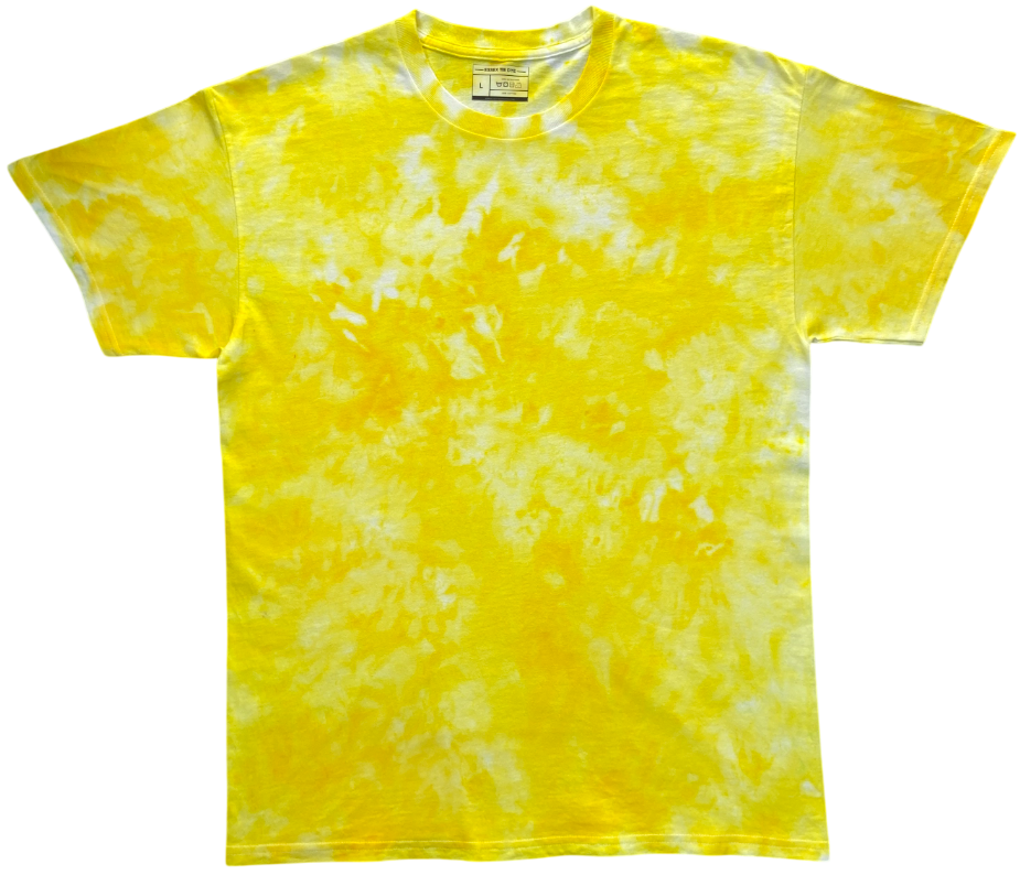 Lemon Yellow Ice Scrunch tie dye T-shirt in bright lemon yellow and white with a hand dyed scrunch pattern on a white background.