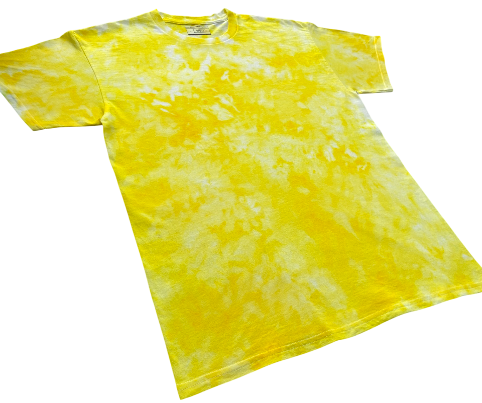 A short-sleeve crewneck t-shirt featuring a bright yellow and white tie-dye pattern, displayed flat against a solid white background.
