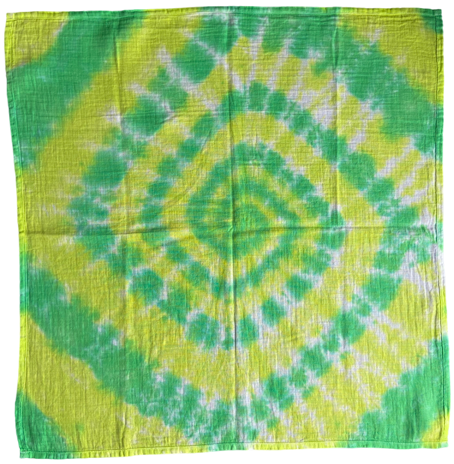 A square cotton bandana or scarf featuring a vibrant green and yellow tie-dye spiral pattern on a textured fabric.