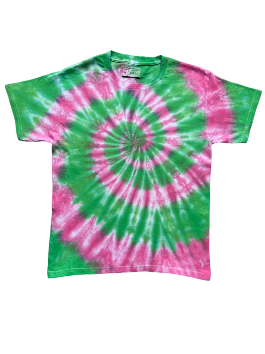 Green and Pink Spiral Tie Dye T-Shirt, Adult, Youth, Unisex, XS, S, M, L, XL, 2XL, 3XL, 4XL, 5XL, Dyed in the UK, Gift