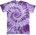 A grape and white tie-dye t-shirt with a spiral pattern, laid flat against a white background.